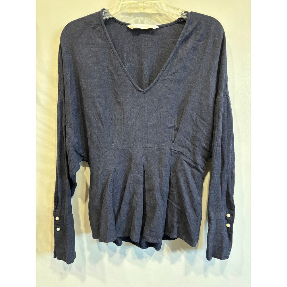 Zara Trafaluc Top Blouse Womens sz Small V-neck Navy Blue Viscose Cotton…